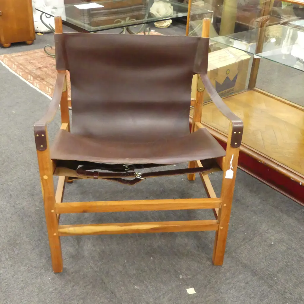 SAFARI STYLE BROWN TAN LEATHER DESIGNER RETRO LOUNGE CHAIR Image 1++