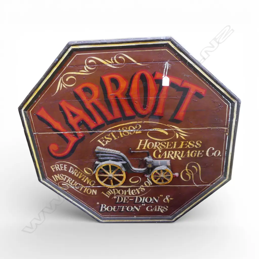 Reproduction antique style 'JARROTT HORSELESS CARRIAGE' OCTAGONAL ADVERTISING SIGN. Dia.875mm. Image 1++