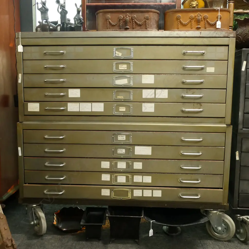INDUSTRIAL STYLE METAL PLAN FILING CABINET; 2x 5 DRAWERS ON CASTORS 1170x865x1150mm Image 1++