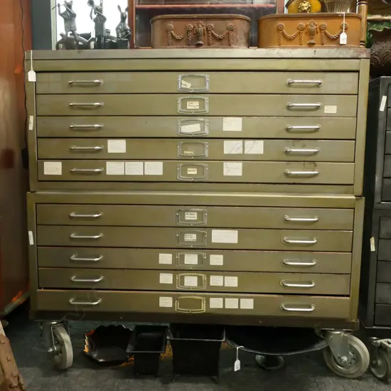 INDUSTRIAL STYLE METAL PLAN FILING CABINET; 2x 5 DRAWERS ON CASTORS 1170x865x1150mm