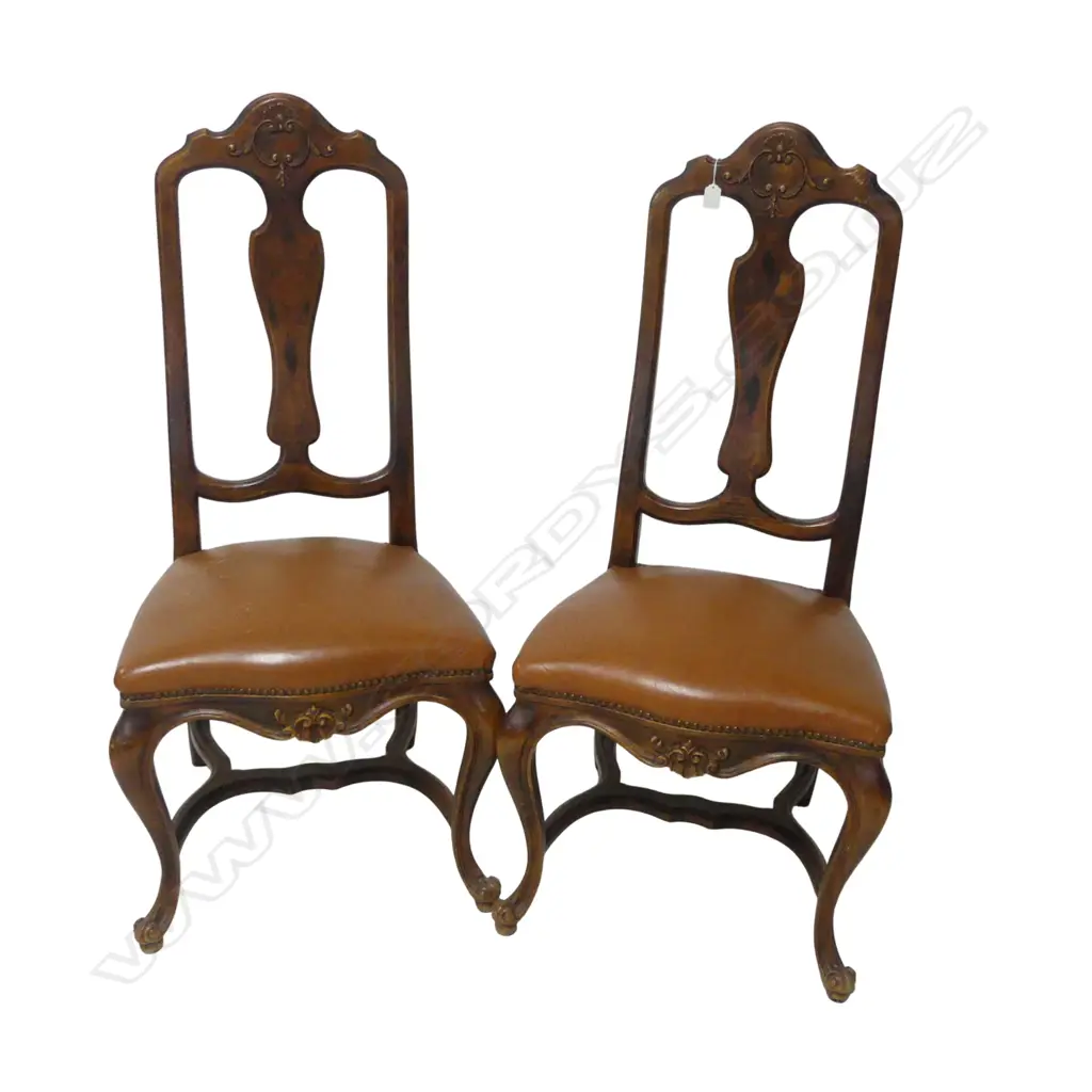 PAIR PINE INLAID CHAIRS LEATHER SEATS Image 1++