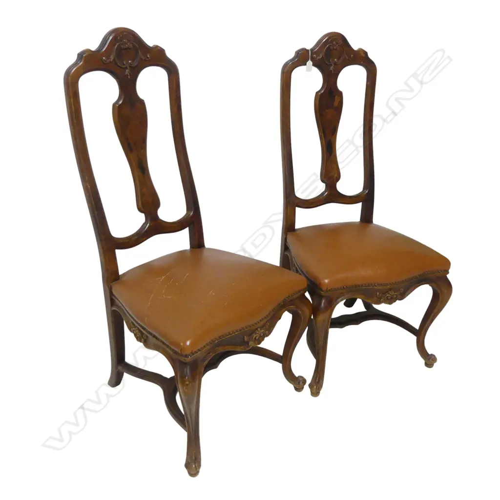 PAIR PINE INLAID CHAIRS LEATHER SEATS Image 1++