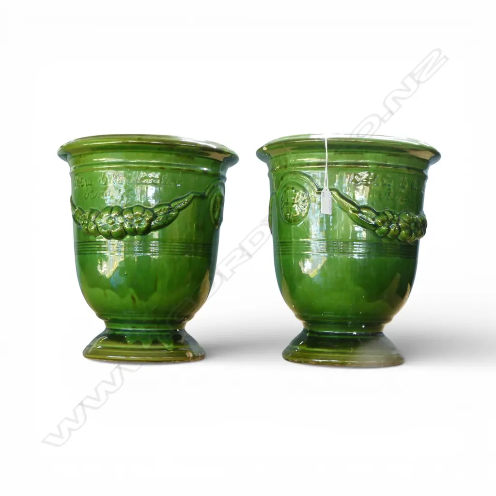PR GREEN GLAZED GARDEN POTS H.320mm 1 w. BASE REPAIRED Image 1++