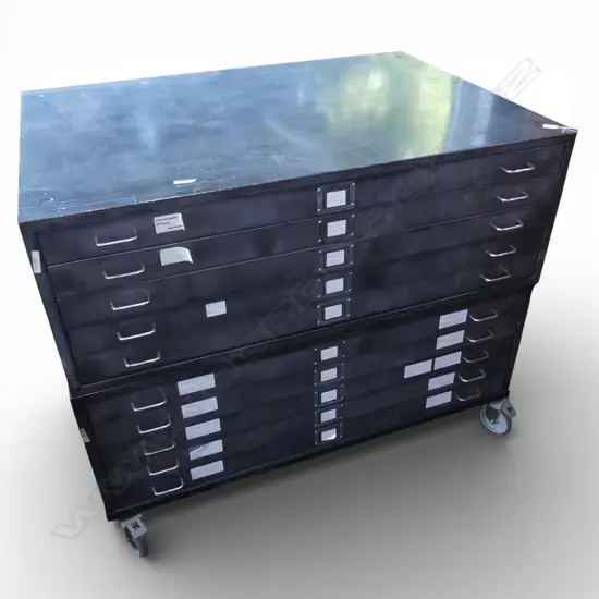 INDUSTRIAL STYLE METAL PLAN FILING CABINET; 2x 5 DRAWERS ON CASTORS 1290x900x1060mm