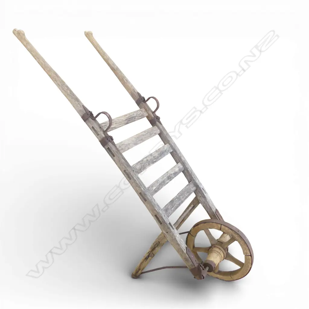 19thC barrow trolley, wooden construction with iron rimmed front wheel Image 1++