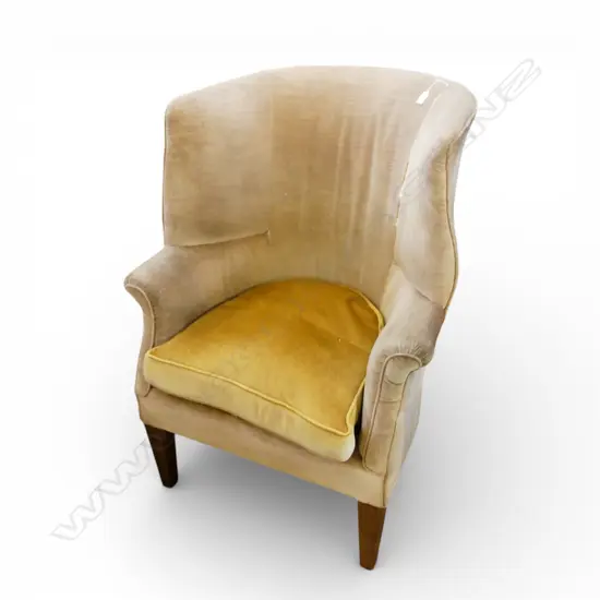 EARLY 20thC HIGH BACK parlour CHAIR golden velvet upholstery, tapered mahogany legs, Some fading & stitching faulted