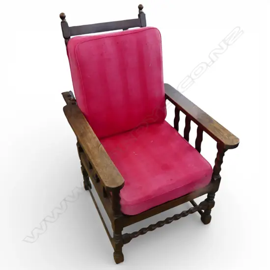 EARLY 20thC ADKUSTABLE MORRIS CHAIR bobbin turned frame. Faded & faulted red cushions