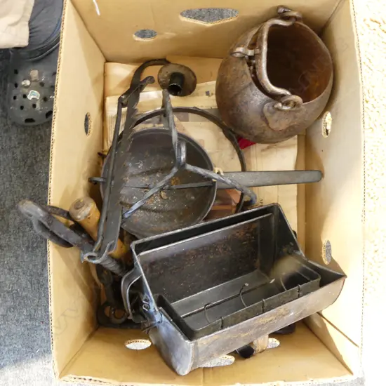 BOX OF CASTIRON VINTAGE COOKING POTS CANDLESTICK ETC