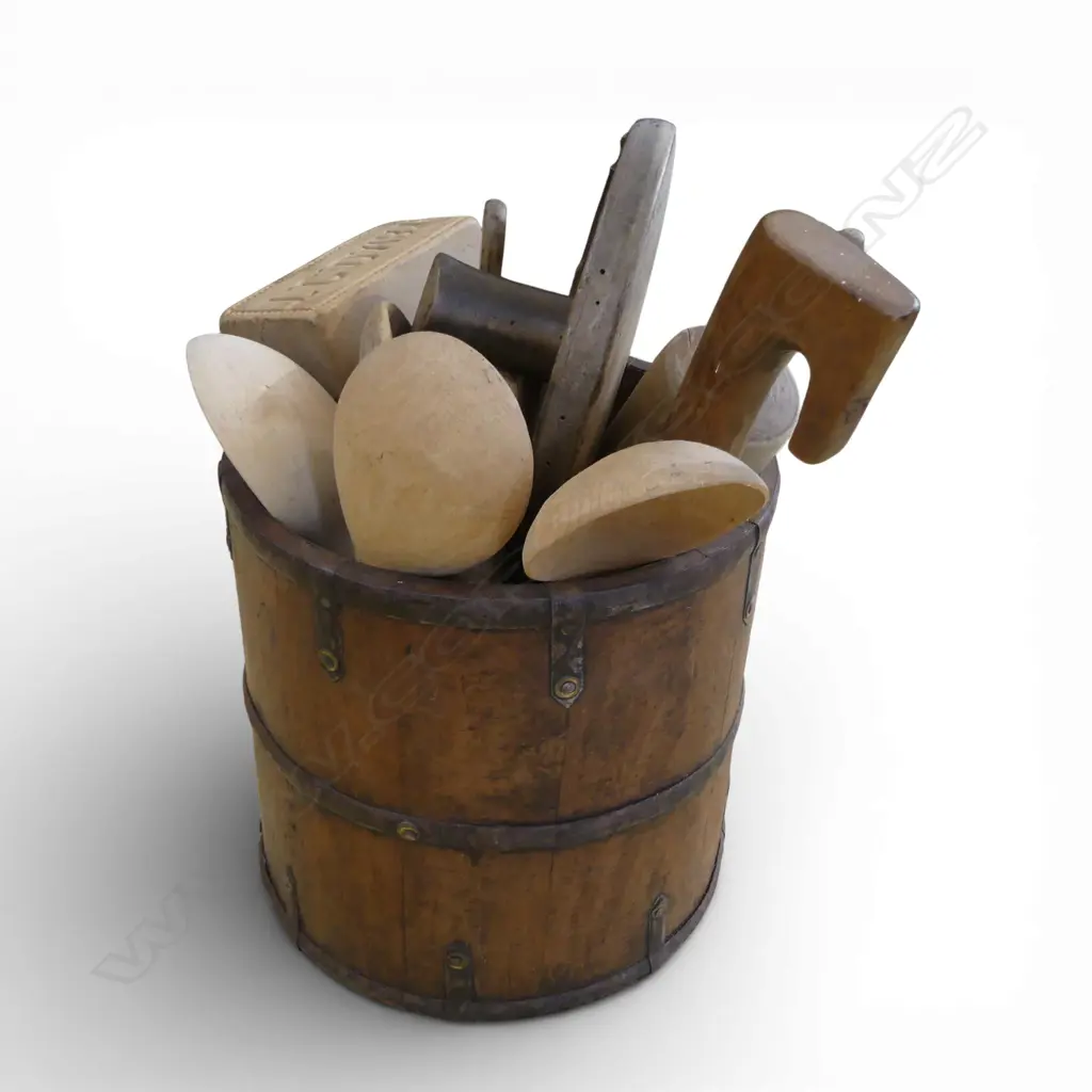 ANTIQUE COOPERED BUCKET & TREEN KITCHEN IMPLERMENTS Image 1++