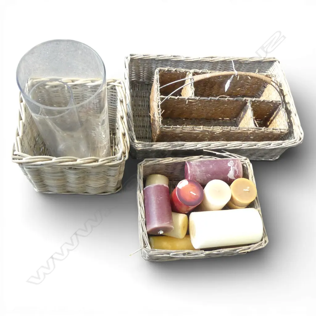 4 WOVEN CONTAINERS + ASST. CANDLES & 2 HURRICANE LANTERNS Image 1++