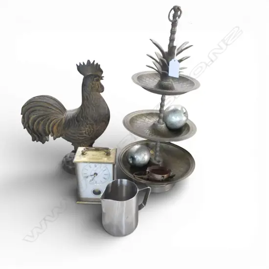 3 TIER METAL FOOD STAND H.415mm, COMPASS, CARRIAGE CLOCK, RESIN ROOSTER AF