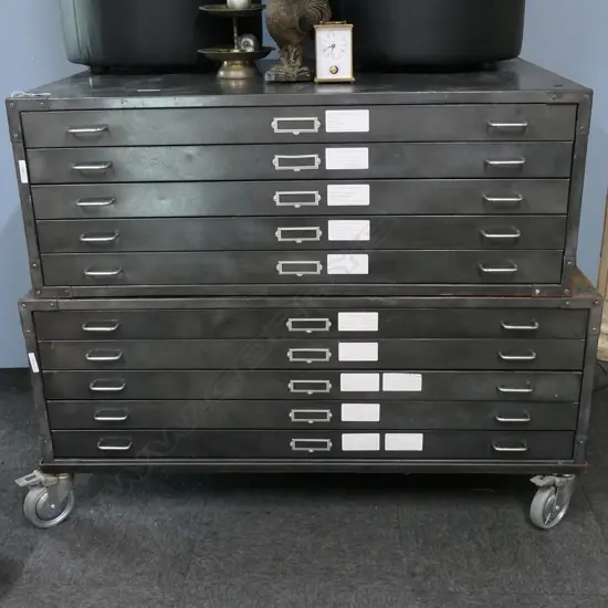 INDUSTRIAL STYLE METAL PLAN FILING CABINET; 2x 5 DRAWERS ON CASTORS...