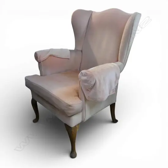 PINK UPHOLSTERED WINGBACK ARMCHAIR faded + some marks