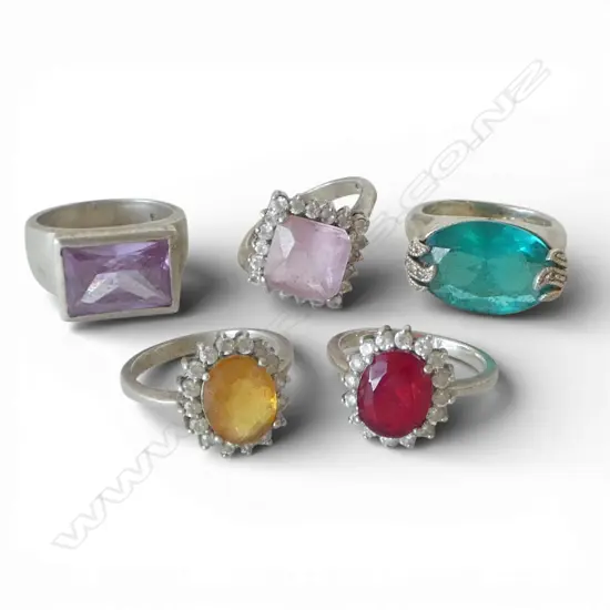 5 VINTAGE SILVER gem set RINGS