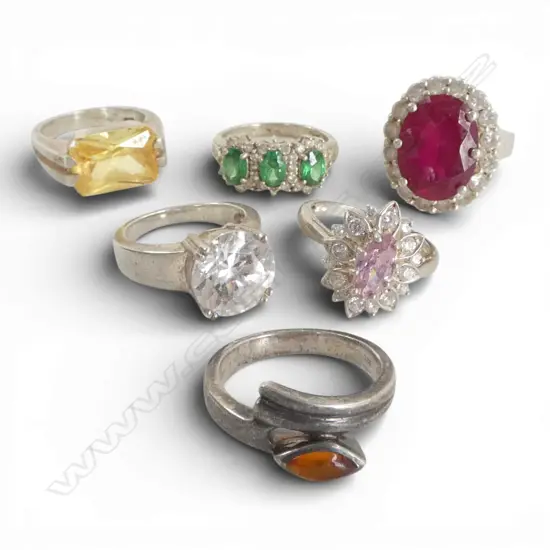 6 VINTAGE SILVER gem set RINGS