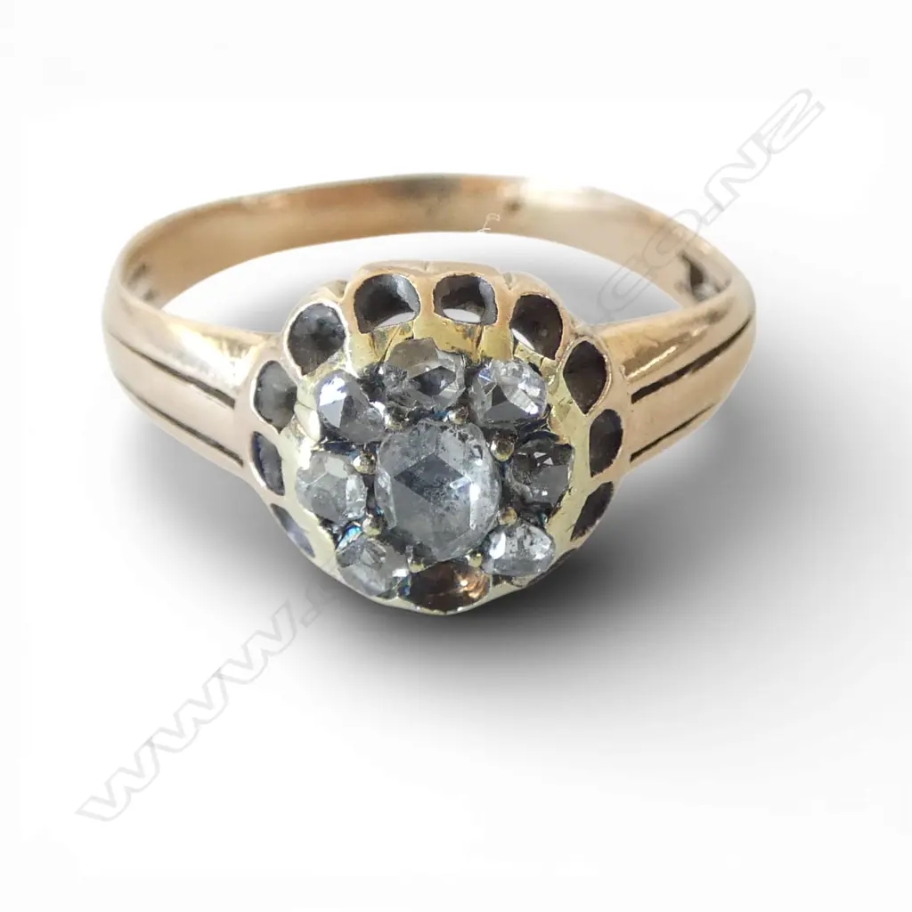 c1900 GOLD & OLD ROSE CUT DIAMOND CLUSTER RING size L (testing 14.3ct) 2.32gms one stone missing Image 1++