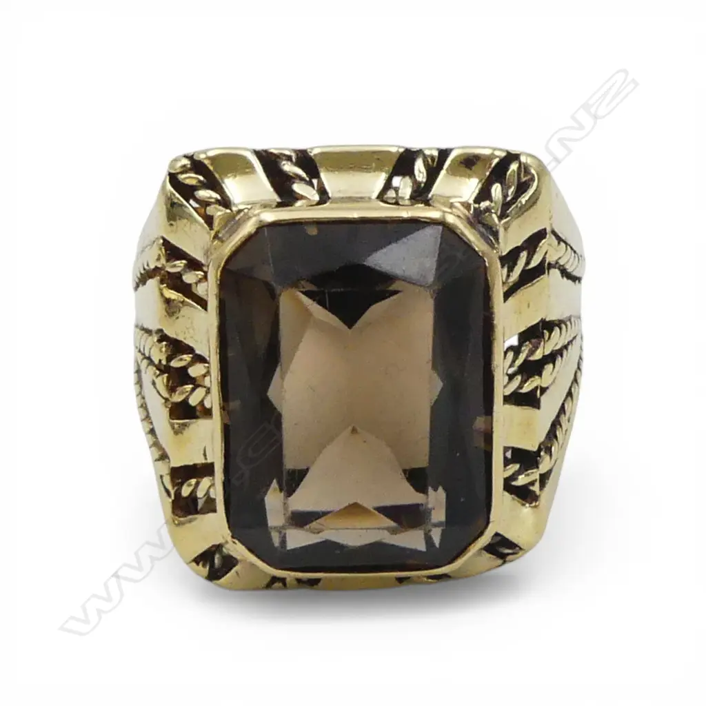 14CT GOLD LARGE SMOKY QUARTZ DRESS RING 12.21gms SIZE P Image 1++