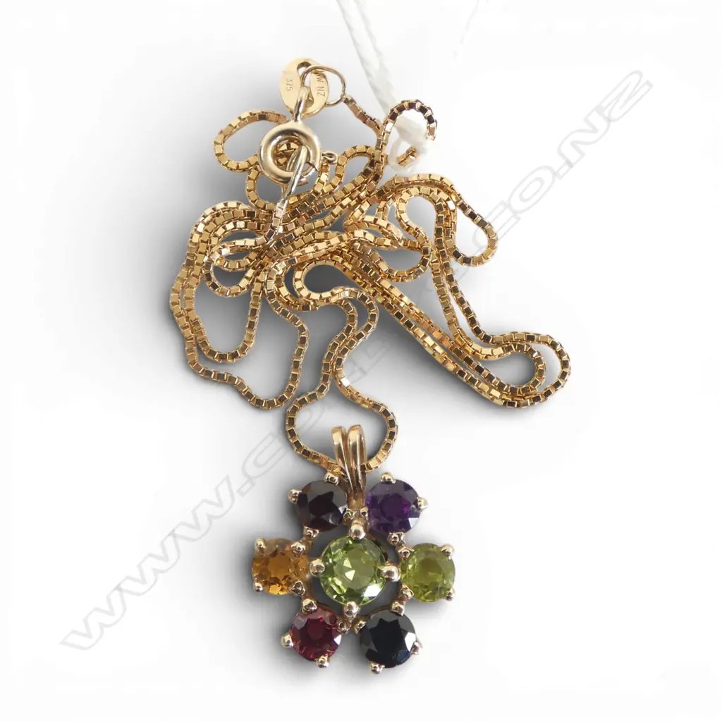 9ct GOLD multi stone amethyst, peridot,garnet & citrine PENDANT ON 9ct CHAIN 3.7gms Image 1++