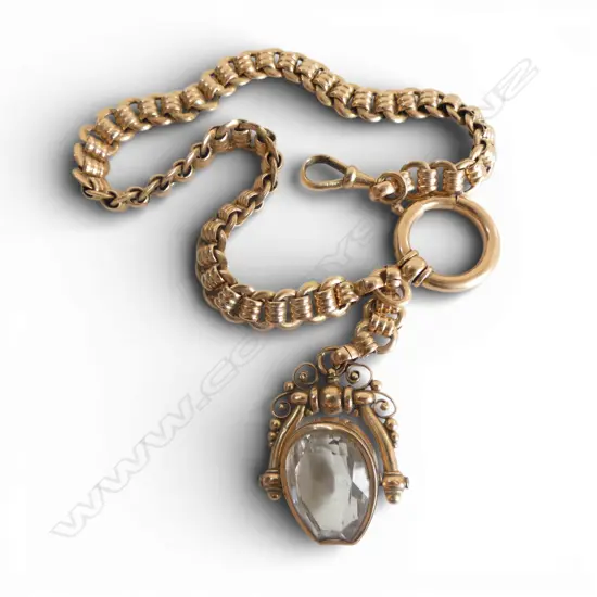 14ct GOLD FANCY LINK FOB CHAIN w 14ct GOLD gem set FOB SPINNER. 31gms