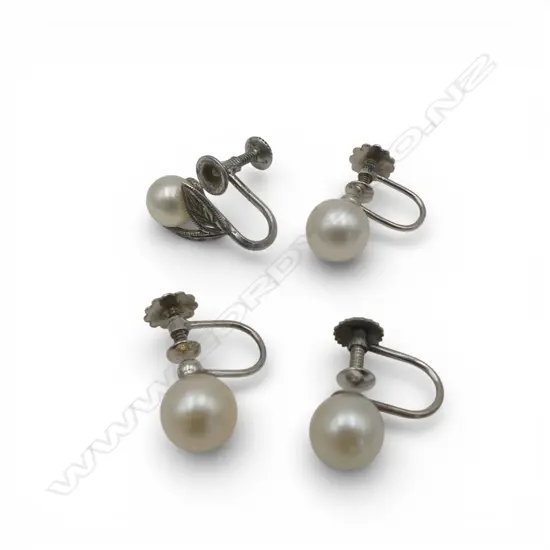 3 x 9CT WHITE GOLD/PEARL EARRINGS & 1 SILVER/PEARL EARRING