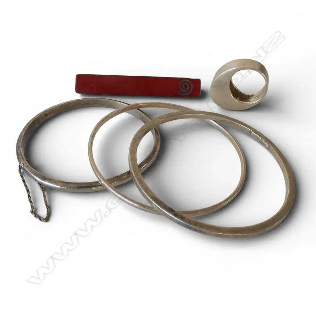 SILVER: & enamel stylish long pendant + ring + 3 bangles Image 1++