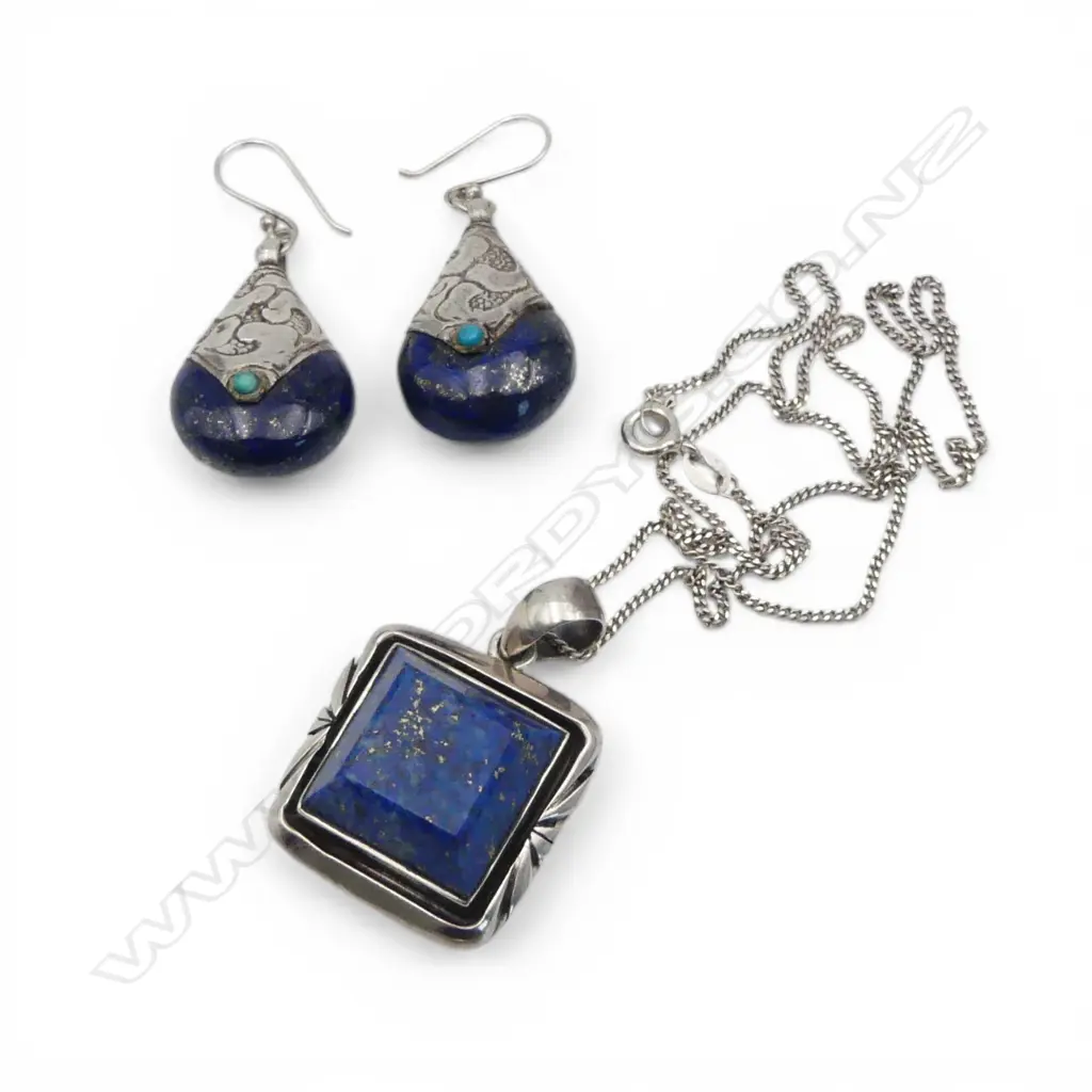 SILVER AND LAPIS EARRINGS AND PENDANT Image 1++