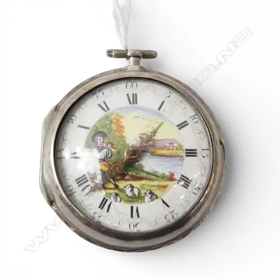 London 1793 SILVER PAIR CASED POCKET WATCH VERGE by Samson of London #20062 dial w painted scene. Hair cracks