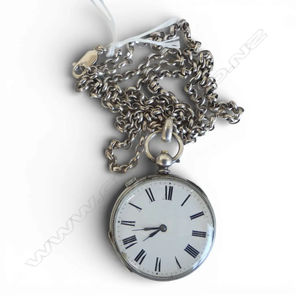 VICTORIAN SILVER open face POCKET WATCH converted winder to side. On long SILVER CHAIN Image 1++