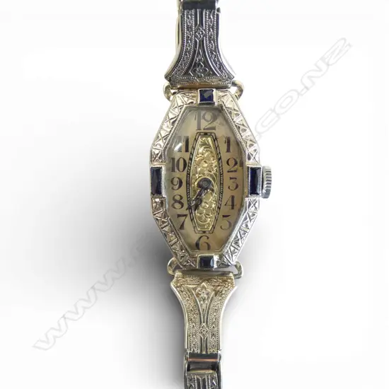 ART DECO WATCH case testing 14ct gold set w blue gems hinge faulty. Not going. Plated strap