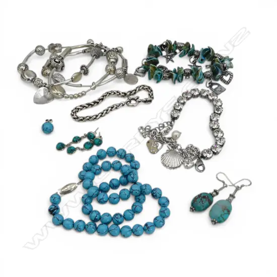 ASSTD SILVER BRACELETS & TURQUOISE BEAD NECKLACE AND EARRINGS