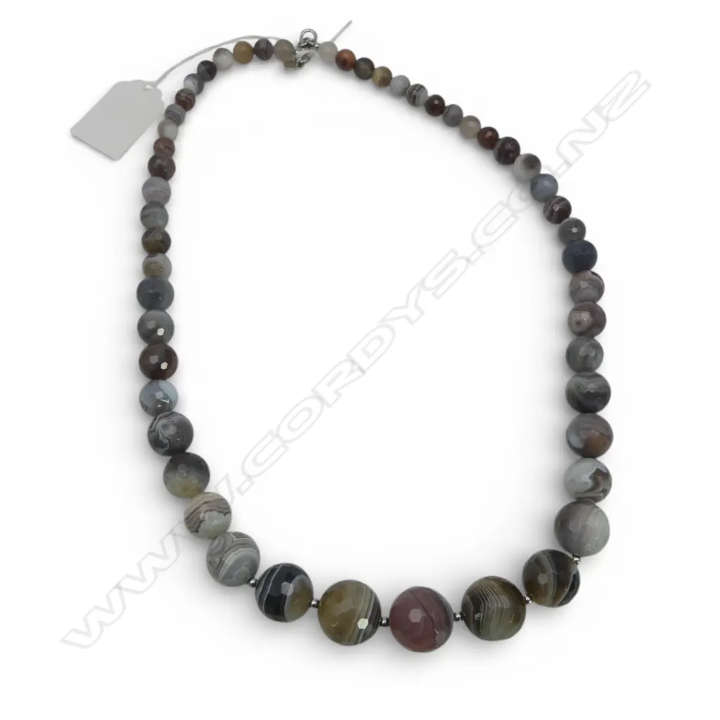BANDED AGATE BEAD NECKLACE w. STG SILVER CLASP L.585mm Image 1++