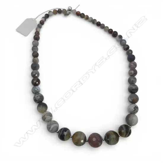 BANDED AGATE BEAD NECKLACE w. STG SILVER CLASP L.585mm