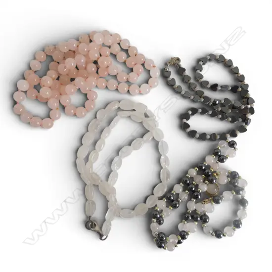 COLLECTION OF VINTAGE GEMSTONE NECKLACES (4) - ROSE QUARTZ, HEMATITE