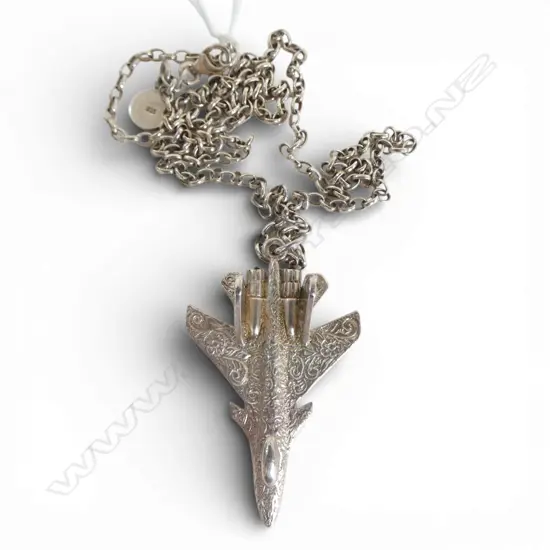 KAREN WALKER SILVER PLANE PENDANT on SILVER CHAIN, in original box, 20.19gm