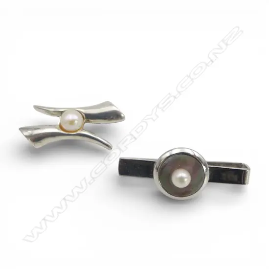 SILVER TIE PIN & SILVER? & FRESHWATER PEARL BROOCH