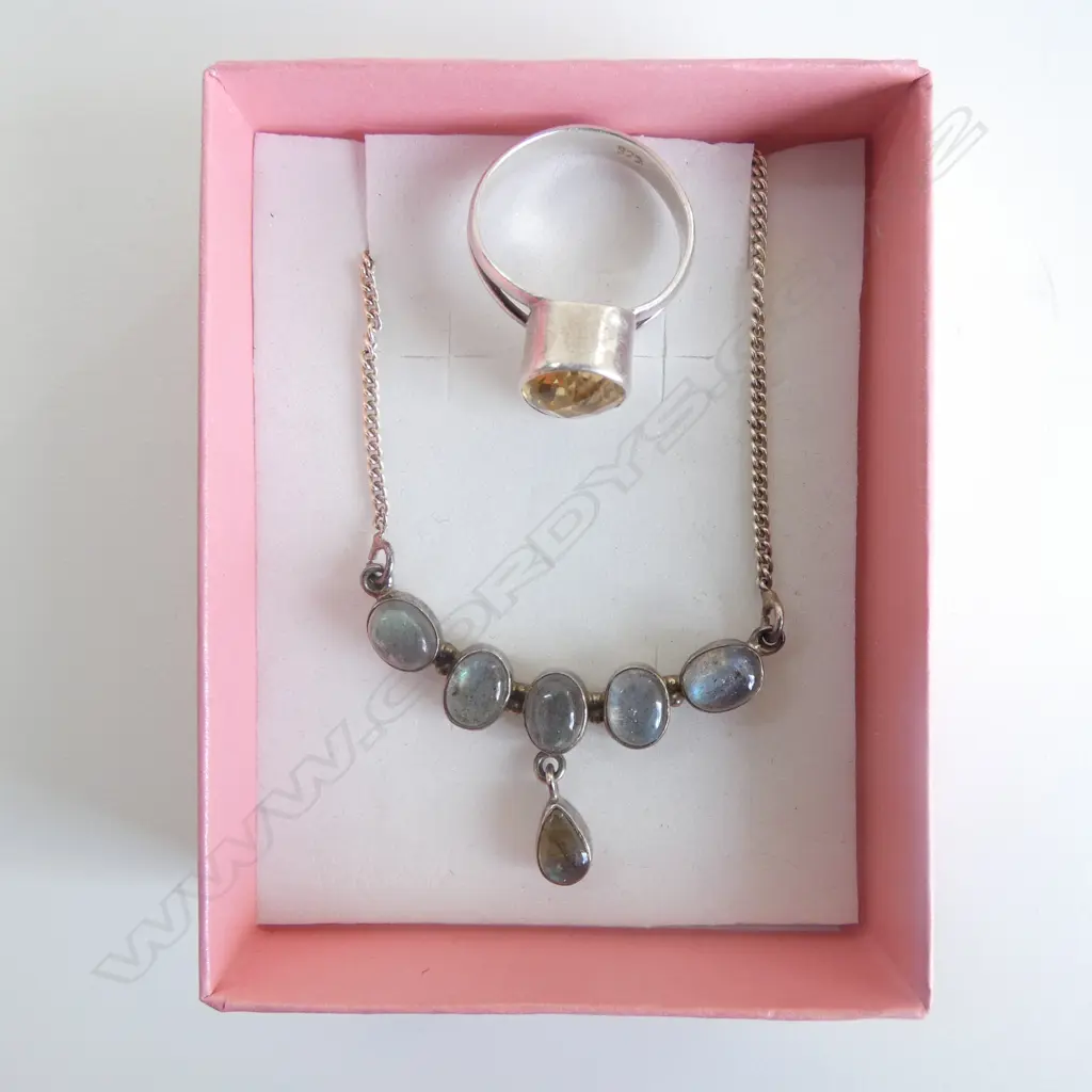 STG SILVER & CITRINE RING 4.60gms + 6 STONE STG SILVER SET LABRADORITE PENDANT Image 1++