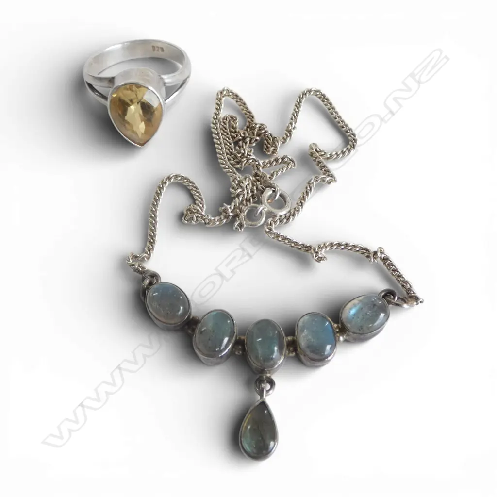 STG SILVER & CITRINE RING 4.60gms + 6 STONE STG SILVER SET LABRADORITE PENDANT Image 1++