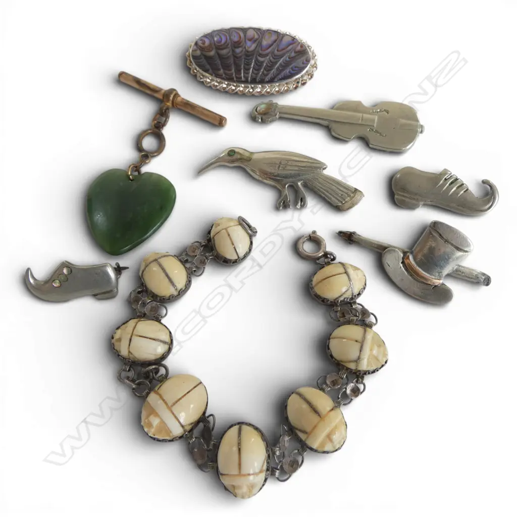 CARVED IVORY SCARAB BRACELET + SIL. & PAUA BROOCH + pounamu heart + 4 nickel home made brooches  Image 1++
