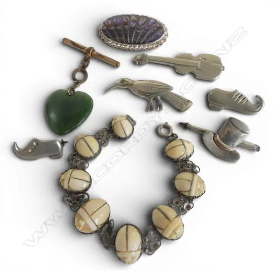 CARVED IVORY SCARAB BRACELET + SIL. & PAUA BROOCH + pounamu heart + 4 nickel home made brooches 