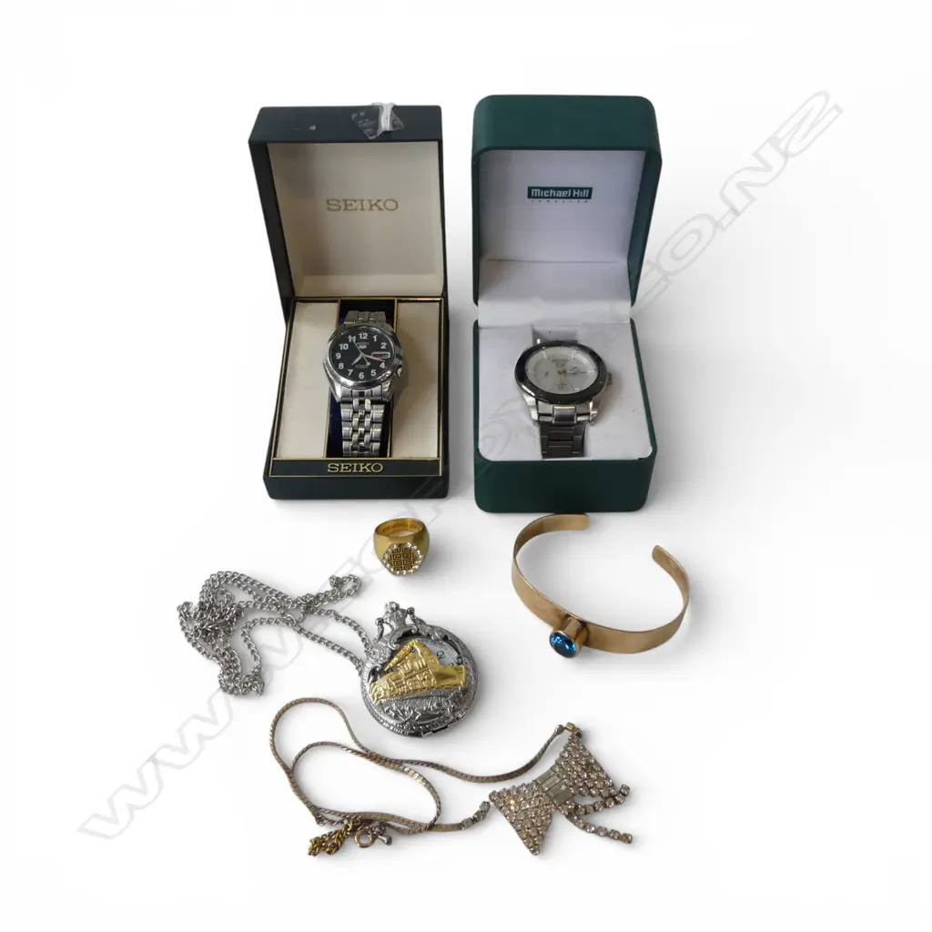 2 SEIKO WATCHES: SOLAR 100M + '5' + Modern pocket watch & costume jewellery Image 1++
