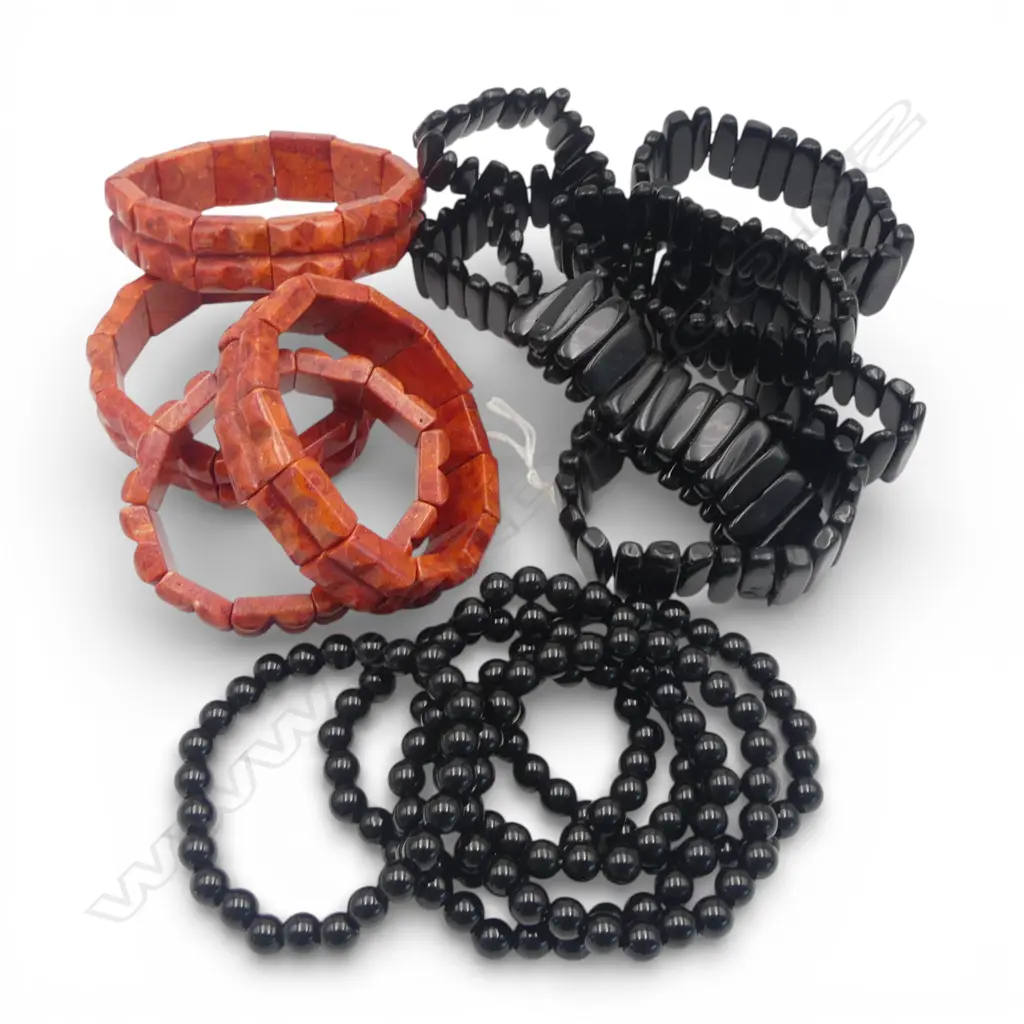 QTY BLK ONYX & CORAL BRACELETS, ELASTICISED, new old stock Image 1++