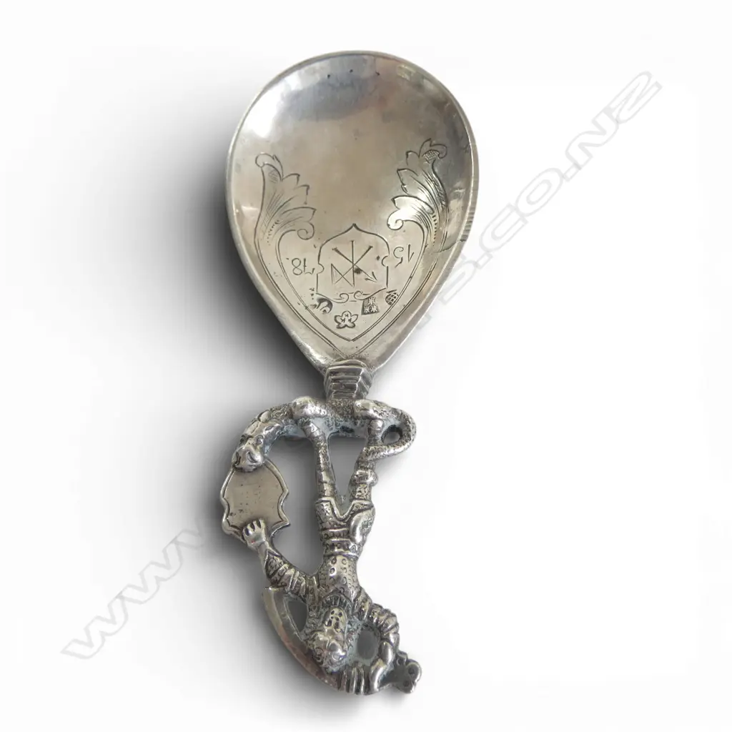 SCANDANAVIAN? STG SILVER KNIGHT & SERPENT TEA CADDY SPOON bowl engraved 1578, ENGLISH HALLMARKS w. 'F' IMPORT MARK 36gms Image 1++