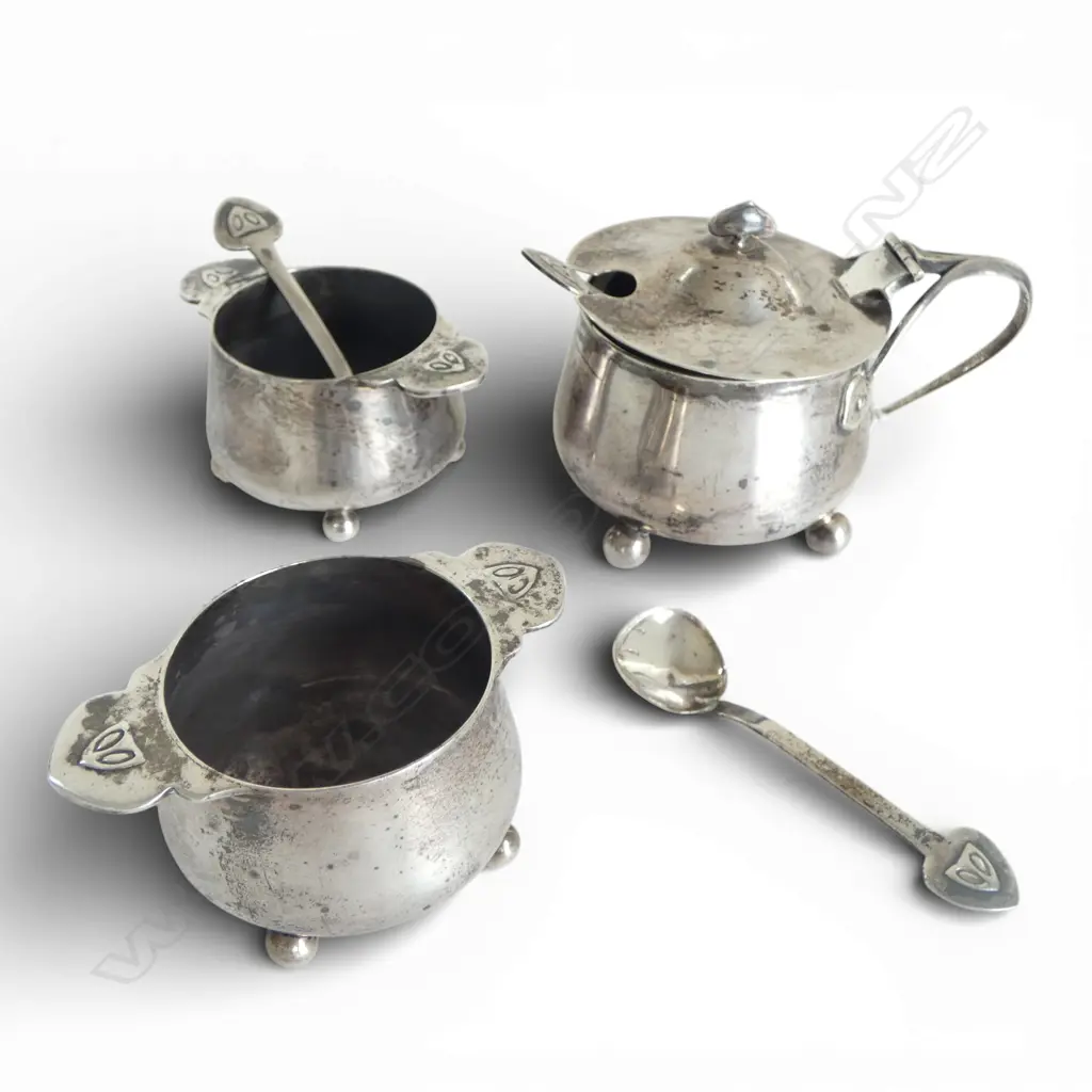 STG SILVER ART NOUVEAU 3 PCE CONDIMENT SET, JAMES FENTON, BIRMINGHAM 1906,147gms Image 1++