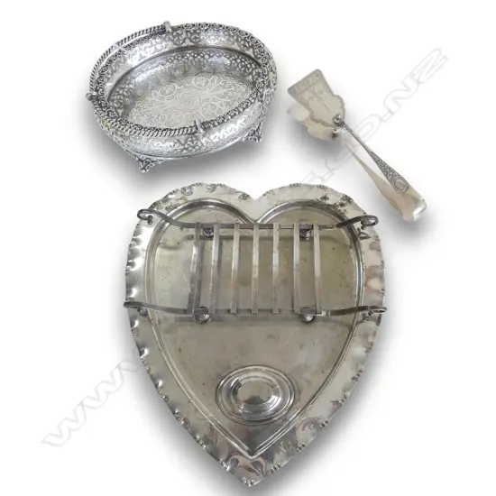 SILVER PLATE DECORATIVE BASKET WITH SWING HANDLE, HEART SHAPED TRAY WITH RACK AND ETCHED TONGS 