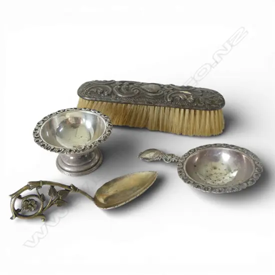 STG SILVER BACK BRUSH + 2 X 90% SILVER ITEMS: 2 PCE TEA STRAINER 69gms + FANCY EURO CADDY SPOON 22gms