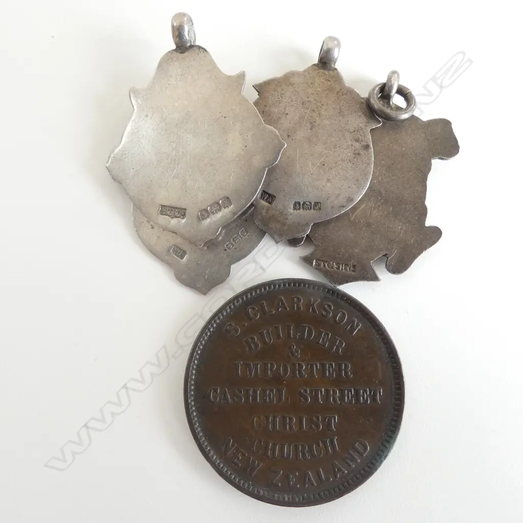 4 OLD SILVER FOB MEDALLIONS + 1875 NZ S. Clarkson token Chch Image 1++
