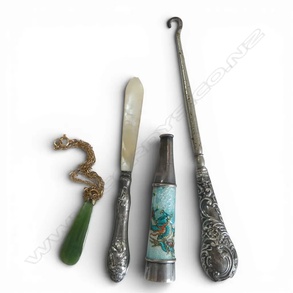 ASIAN SILVER & ENAMEL CIG. HOLDER, STG SILVER BOOT LACER & BUTTER KNIFE & POUNAMU PENDANT Image 1++