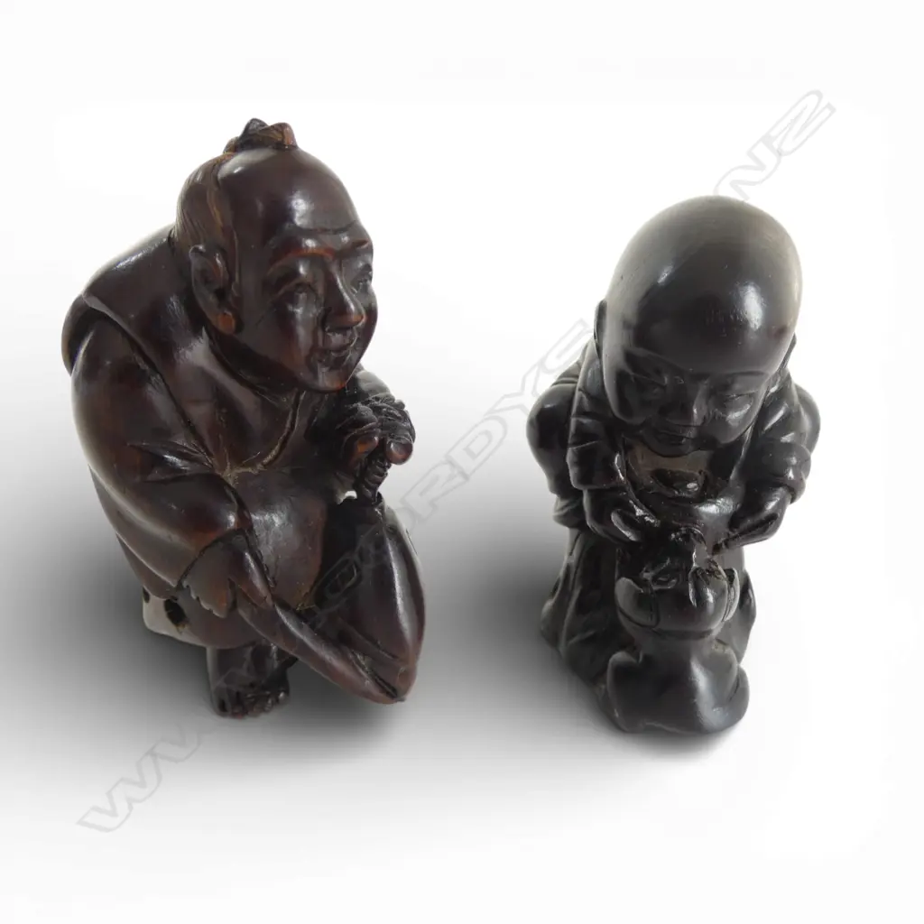 JAPANESE CARVED WOOD NETSUKE OF A RYOSHI WITH CARP, SIGNED + A BABY w. PUPPY, SIGNED, H.45mm Image 1++
