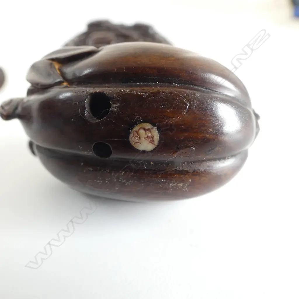 3 JAPANESE CARVED WOOD NETSUKE OF A CICADA ON SEED POD, SIGNED + BEETLE GROUP, SIGNED & CICADA, UNSIGNED, L.65mm Image 1++