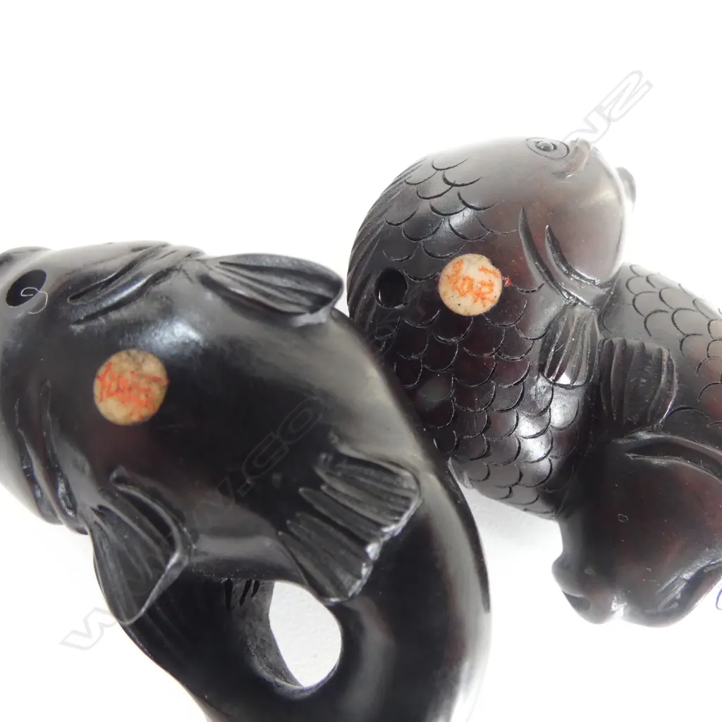 JAPANESE CARVED WOOD NETSUKE OF TWO KOI CARP, SIGNED + NAMAZU, SIGNED &  A KUJIRA, SIGNED, H.35mm Image 1++